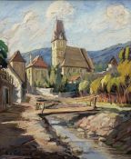 Vilmos Gaár (Hungarian 1892-1963): Footbridge before a Church
