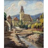 Vilmos Gaár (Hungarian 1892-1963): Footbridge before a Church