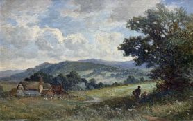 John Bates Noel (British 1870-1927): Landscape of the Chiltern Hills with Farm and Figures