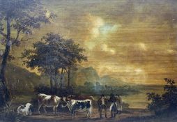 Circle of George Morland (British 1763-1804): Cows and Figures in Open Landscape