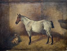 English Naïve School (early 20th century): A Gentleman's Hunter Roan Horse in Stable with Terrier