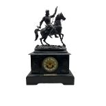 An imposing Belgium slate mantle clock surmounted with a spelter figure of a medieval soldier on hor