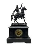 An imposing Belgium slate mantle clock surmounted with a spelter figure of a medieval soldier on hor