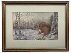 John Harlow (British 20th century): Red Squirrel in Winter Landscape