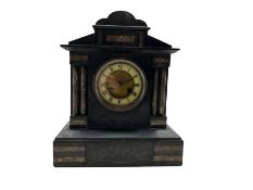 A 19th century Belgium slate clock with an architectural pediment and contrasting marble inlay. 8-da