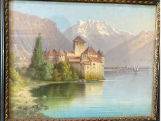 Continental School (20th century): Château de Chillon Lake Geneva, oil on metal signed