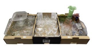 Three boxes of glassware including a blue glass dressing table set