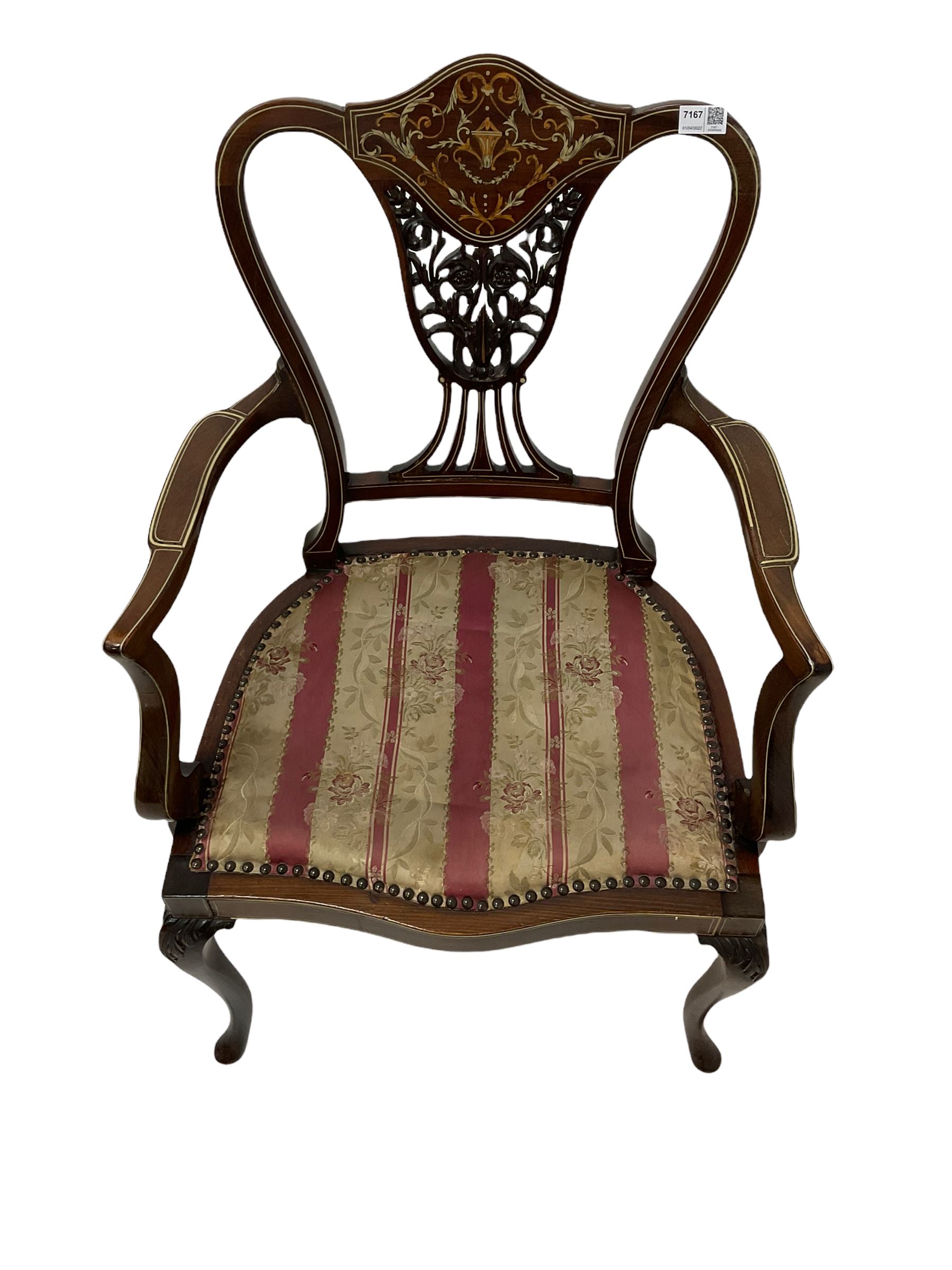 Edwardian mahogany chair with inlayed cresting rail and pierced splat over upholstered seat - Image 2 of 4