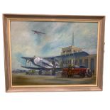 Ronald Hilston (British 20th century): 'Croydon Airport' with Model T Ford and de Havilland Gipsy Mo