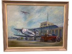 Ronald Hilston (British 20th century): 'Croydon Airport' with Model T Ford and de Havilland Gipsy Mo