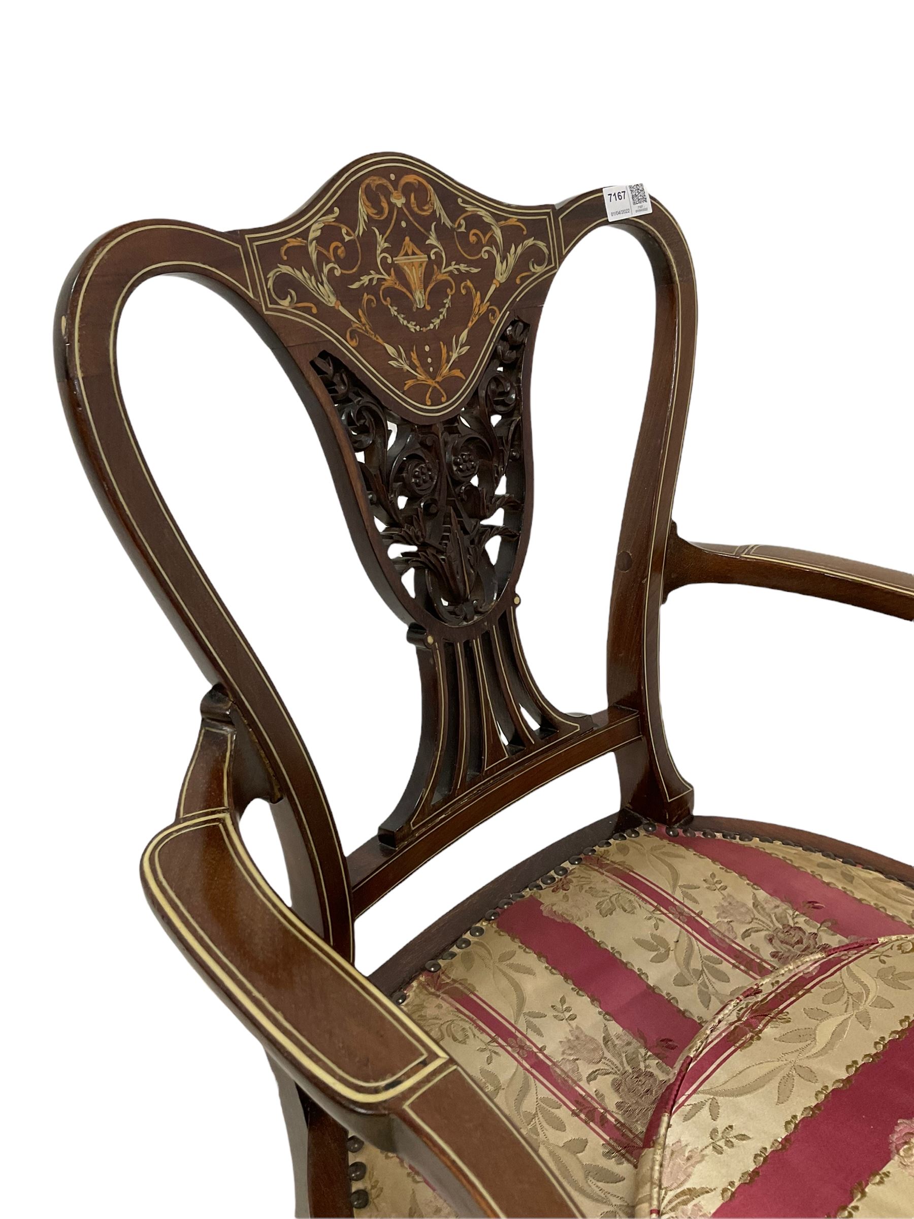 Edwardian mahogany chair with inlayed cresting rail and pierced splat over upholstered seat - Image 3 of 4