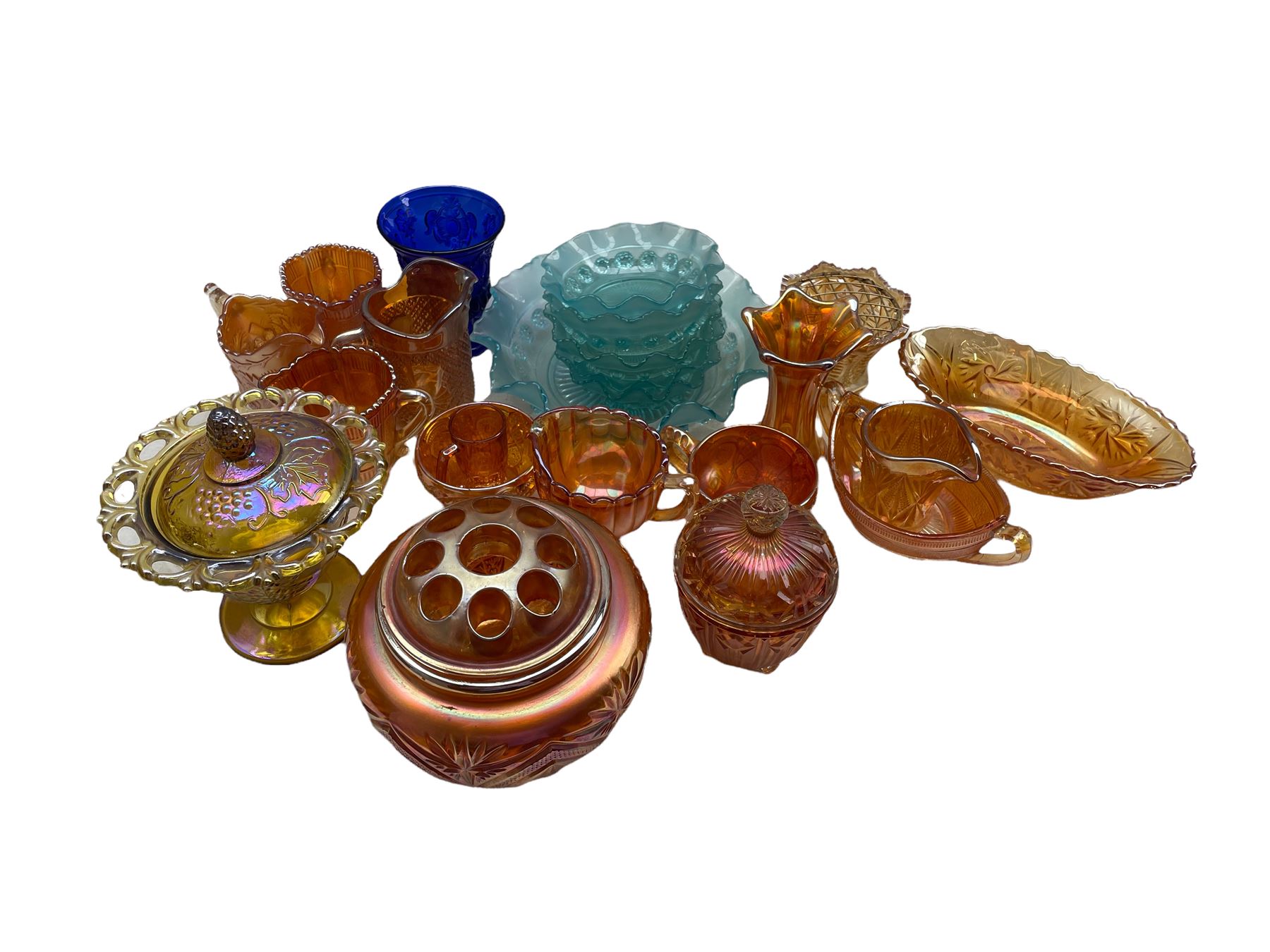 Quantity of Carnival and other iridescent glass in one box