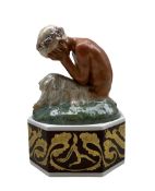 Royal Copenhagen overglazed figure 'Weeping Faun' on octagonal stand