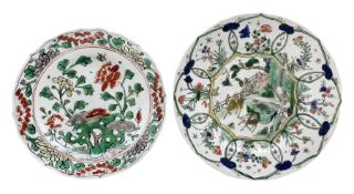 Chinese Kangxi porcelain plate decorated in Famille Verte enamels with three deer on a fenced verand