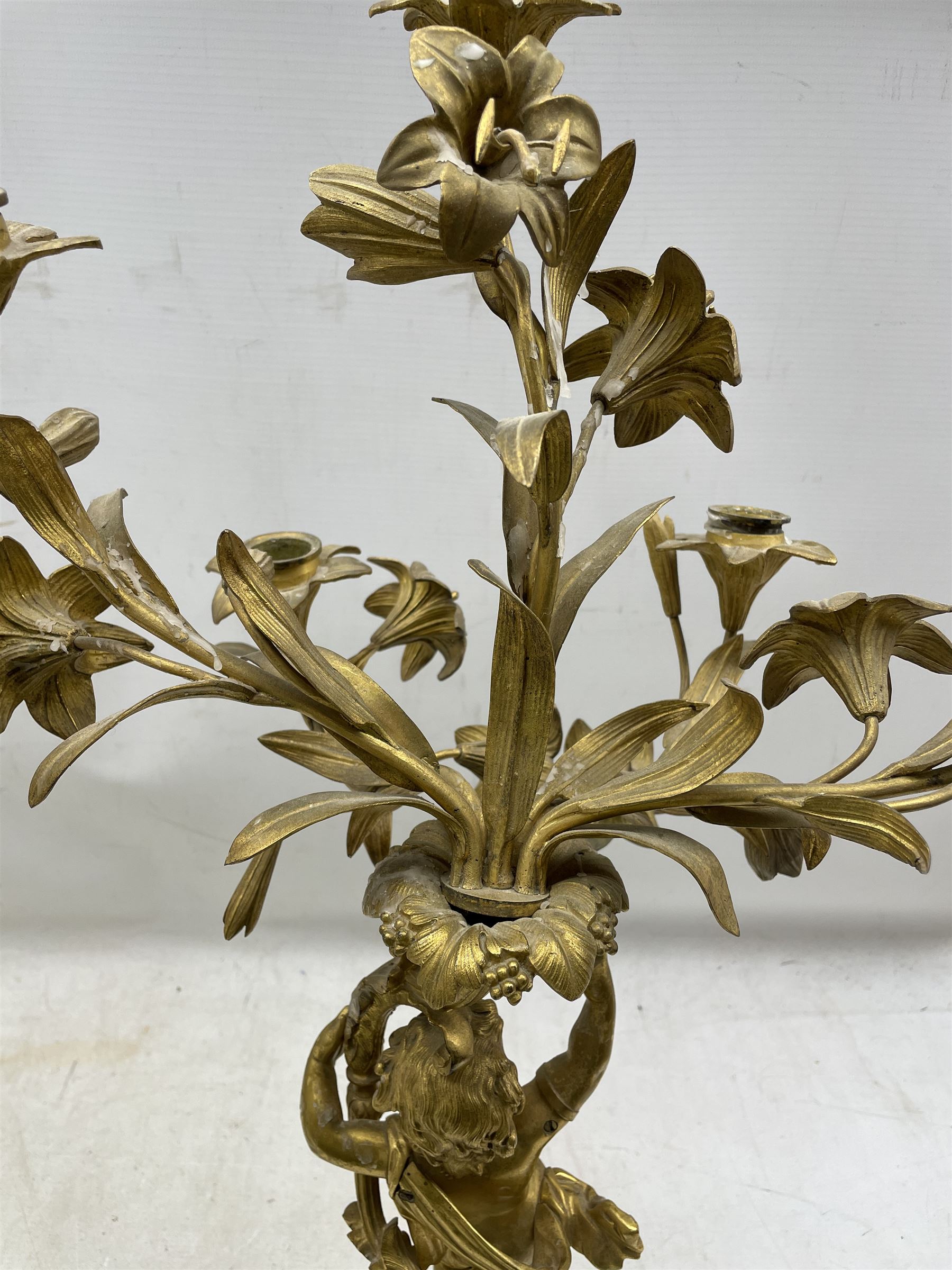 Pair of 19th century French ormolu candelabra in Louis XVI style each with five naturalistic scrolli - Image 6 of 9