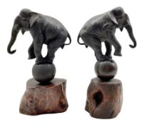Pair of Japanese Meiji bronze elephants each balancing on a ball with a raised foreleg and on a wood