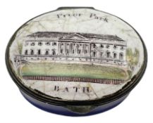 Late 18th century Staffordshire oval enamel patch box printed with a view of Prior Park