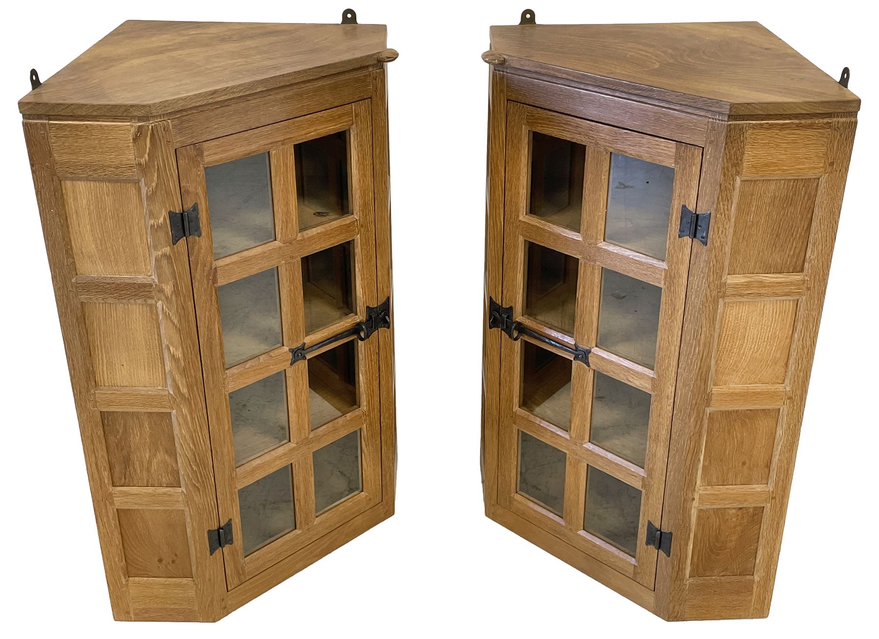 'Rabbitman' pair panelled oak wall hanging corner cabinets