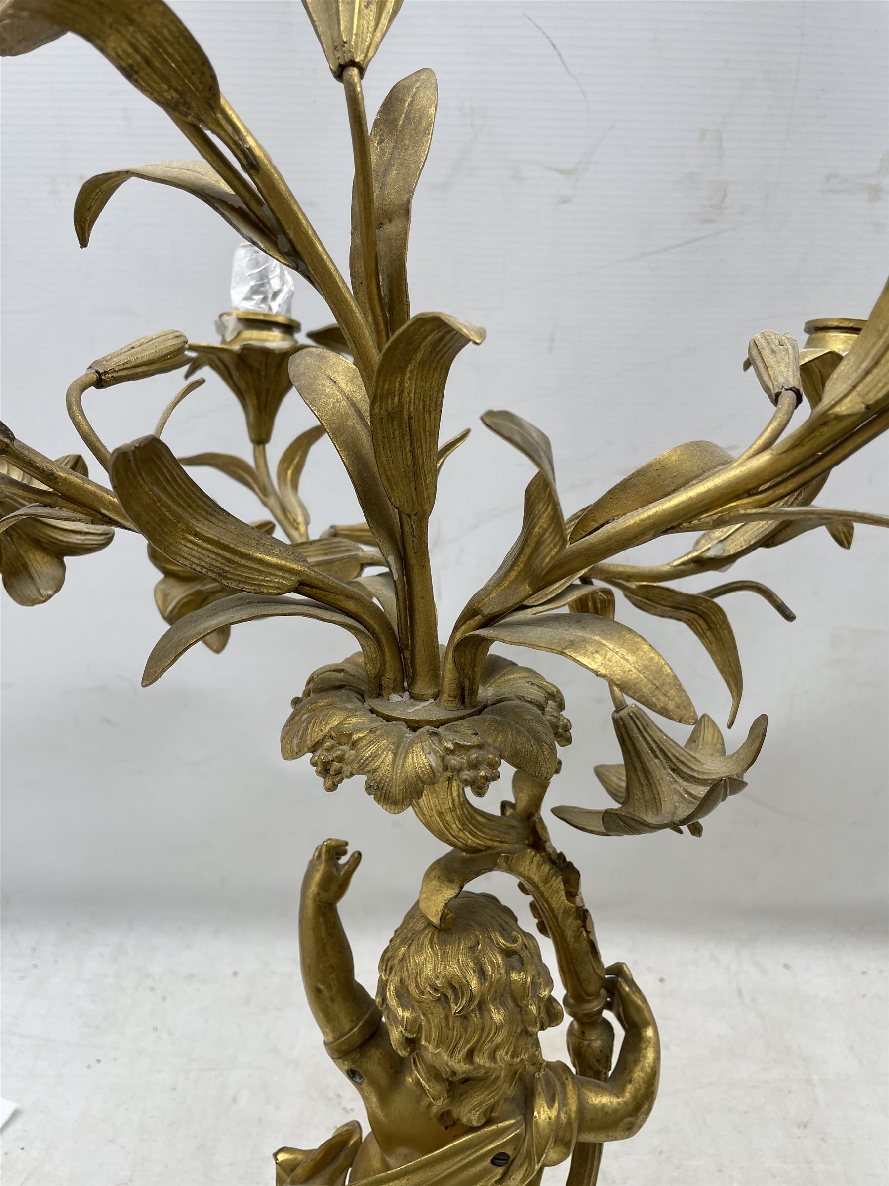 Pair of 19th century French ormolu candelabra in Louis XVI style each with five naturalistic scrolli - Image 7 of 9