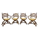 Set four late 19th century walnut x-framed throne type chairs