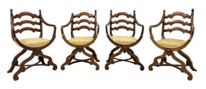 Set four late 19th century walnut x-framed throne type chairs