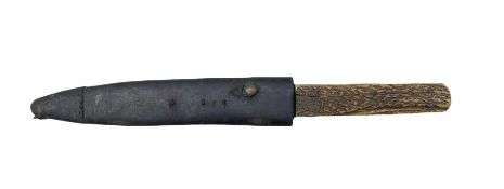 Victorian hunting knife with stag horn handle in leather scabbard