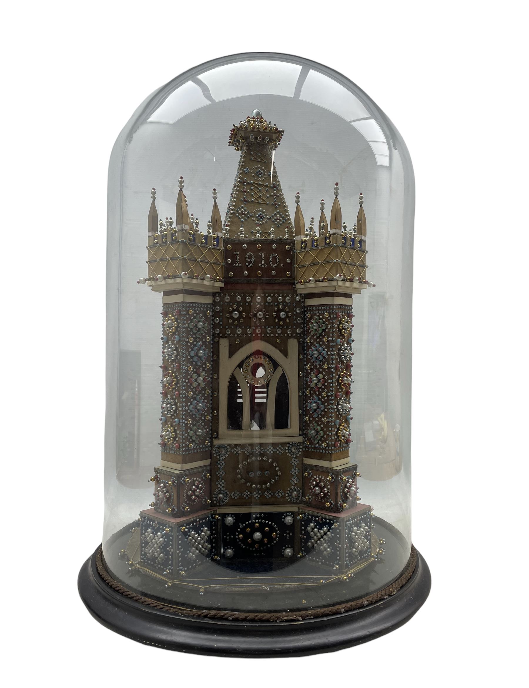 Edwardian velvet and beadwork model of a Church tower dated 1910 - Image 2 of 5