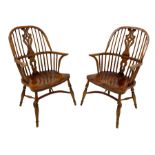 Pair of elm and oak Windsor armchairs