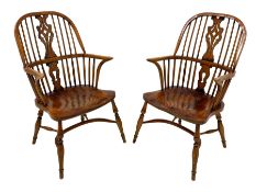 Pair of elm and oak Windsor armchairs