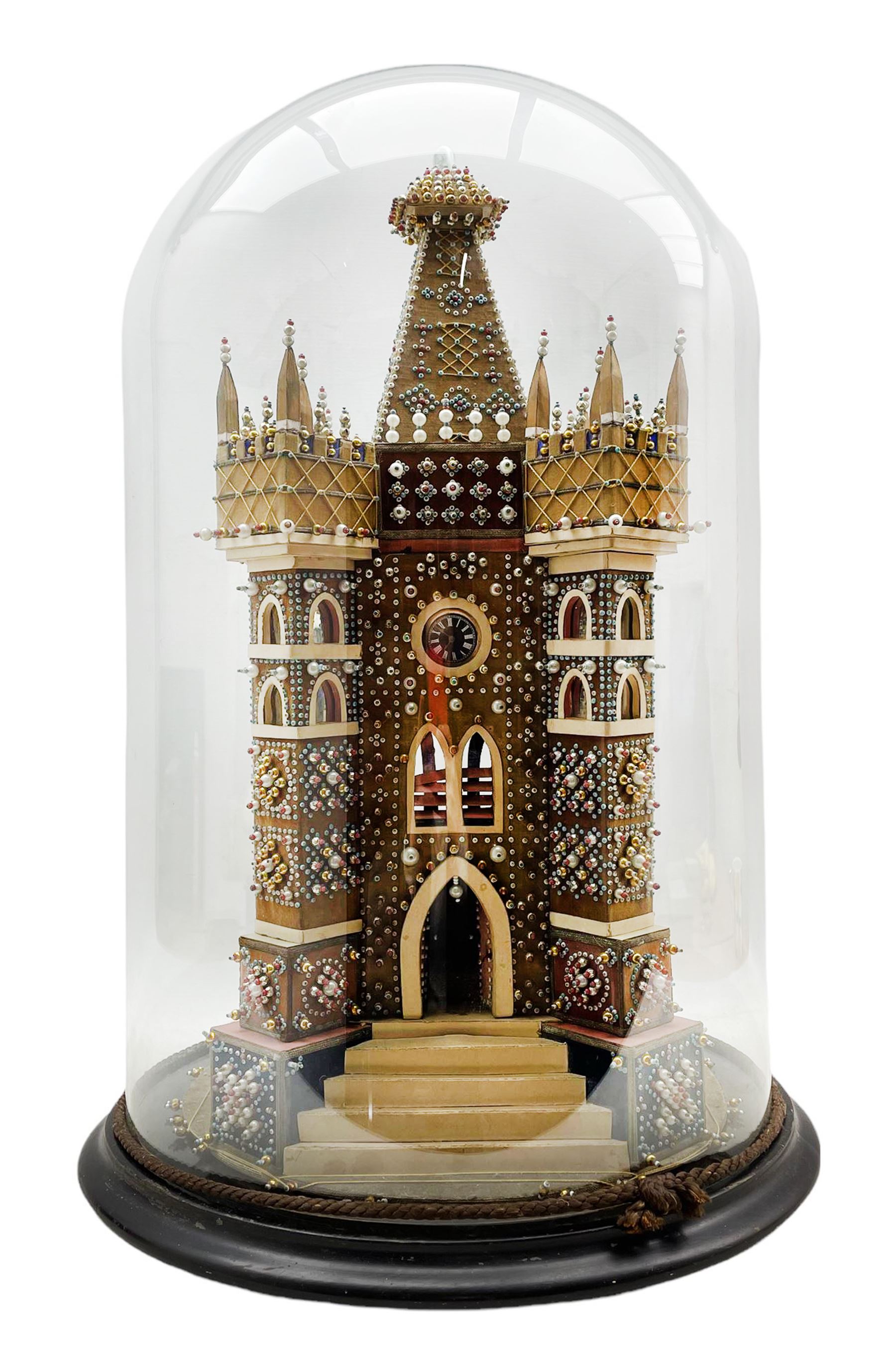 Edwardian velvet and beadwork model of a Church tower dated 1910