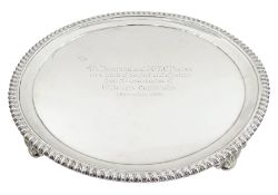 George III silver salver with gadrooned edge