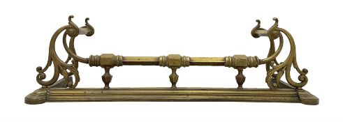 Victorian brass fire curb with geometric rails and raised implement rests L139cm x D39cm