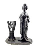 Japanese bronze figural table lamp with a standing geisha holding a fan next to a brazier H40cm