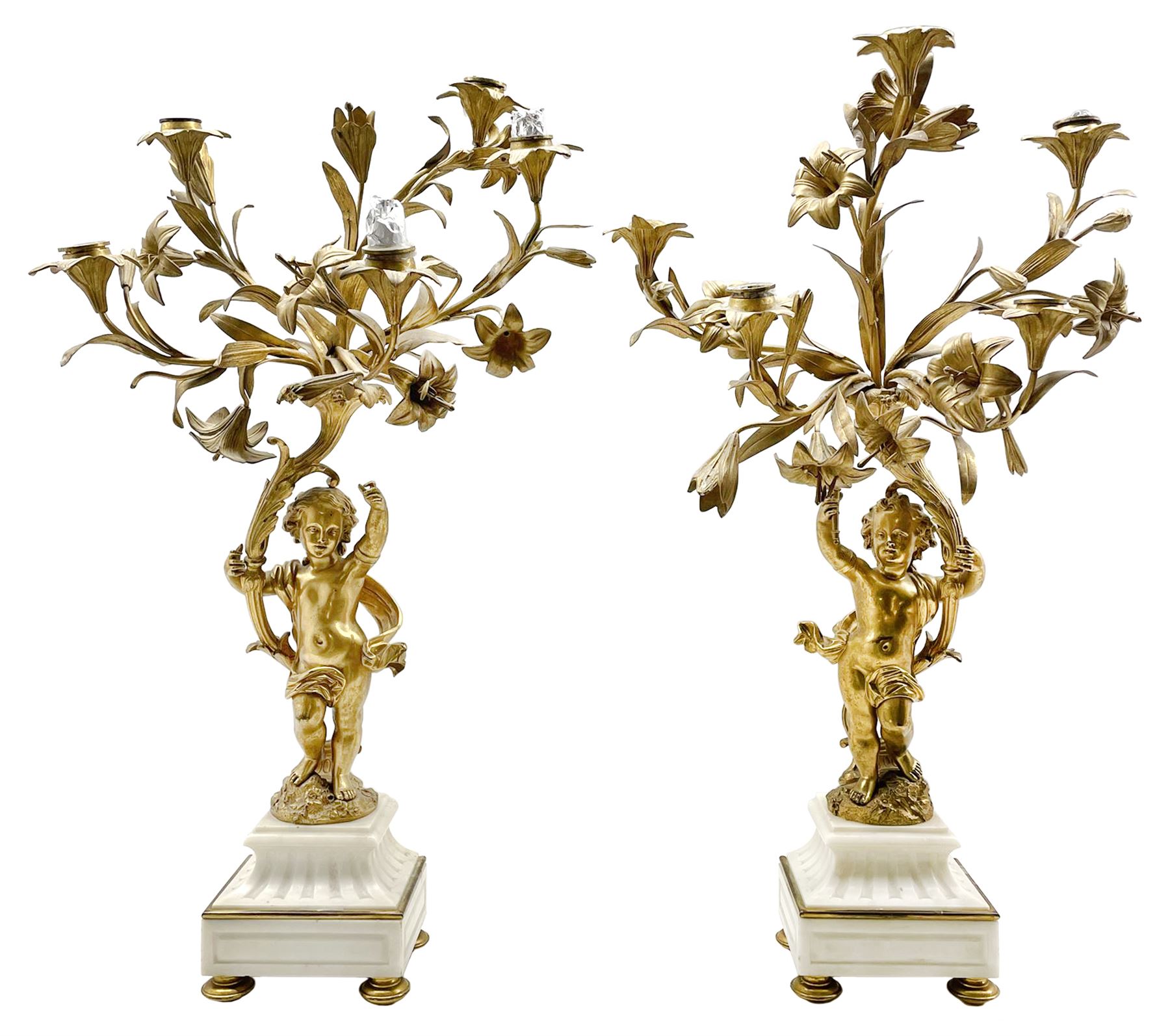 Pair of 19th century French ormolu candelabra in Louis XVI style each with five naturalistic scrolli