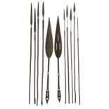 Nine African Zulu spears and a pair of wooden paddle clubs with hatch carved decoration L151cm (11)
