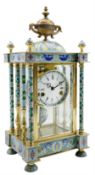 Decorative 20th century Chinese mantle clock with blue cloisonné decoration and four bevelled glass