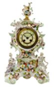 Mid-19th century continental porcelain mantle clock in the Meissen Rococo style decorated with encru