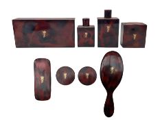 20th century imitation tortoiseshell lacquered dressing table set with eight jars