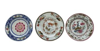 Three 18th century Chinese porcelain Famille Rose plates