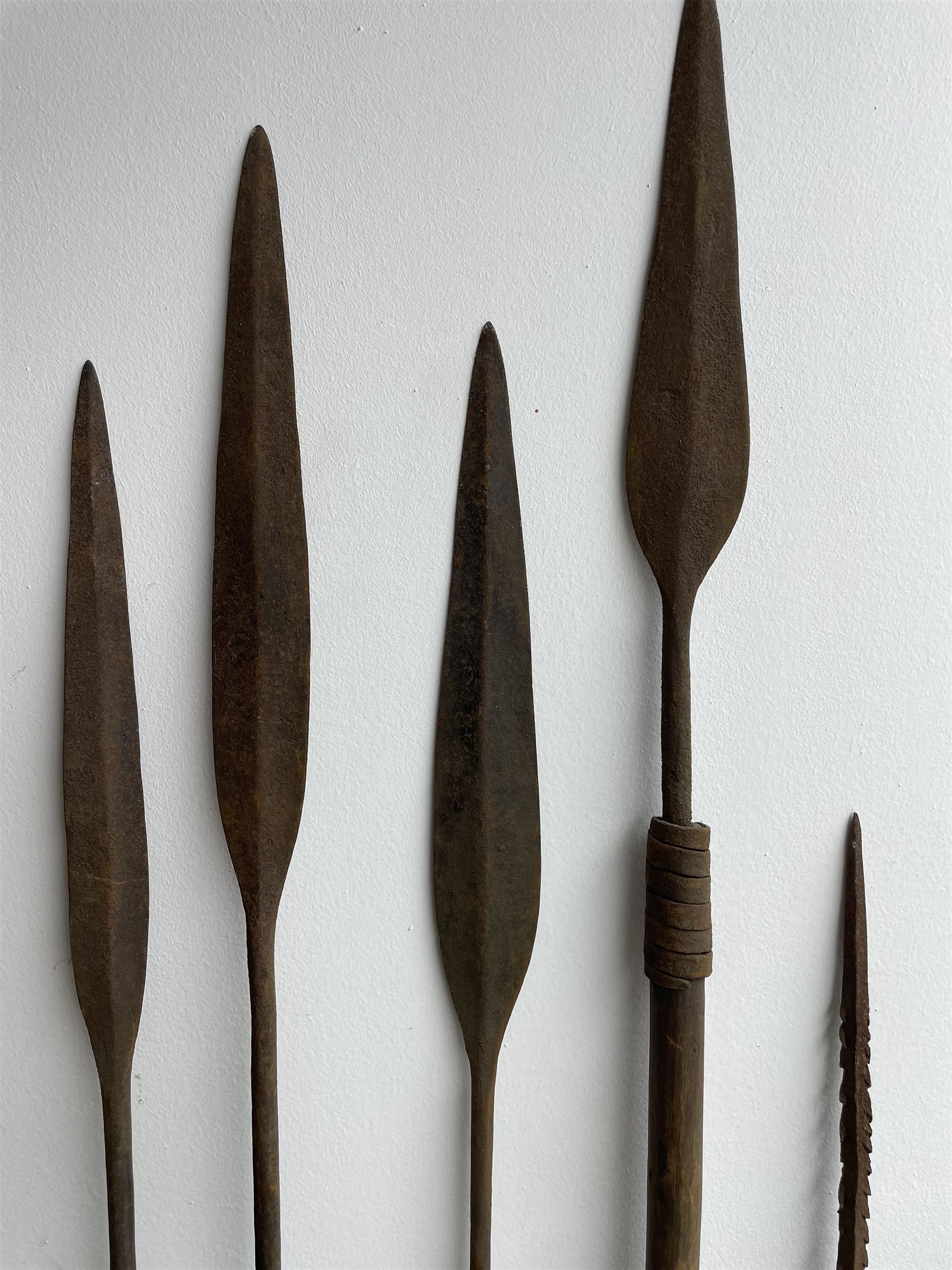 Nine African Zulu spears and a pair of wooden paddle clubs with hatch carved decoration L151cm (11) - Image 7 of 8