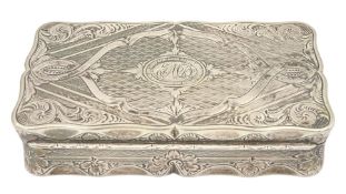 19th century Continental silver snuff box with engraved decoration and monogram and gilded interior