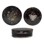 18th/ 19th century tortoiseshell circular snuff box and cover inlaid with gold pique work flowers an