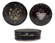 18th/ 19th century tortoiseshell circular snuff box and cover inlaid with gold pique work flowers an