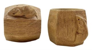 Pair of 'Mouseman' oak napkin rings with carved mouse signature