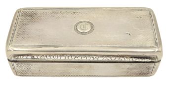 William IV silver rectangular snuff box with engine turning and initial 'D' with gilded interior 10c