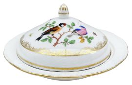 20th century Meissen butter dish and cover painted with birds within a gilt and moulded border D20cm