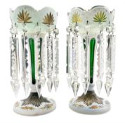 Pair of 19th century white overlay green glass table lustres