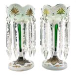 Pair of 19th century white overlay green glass table lustres