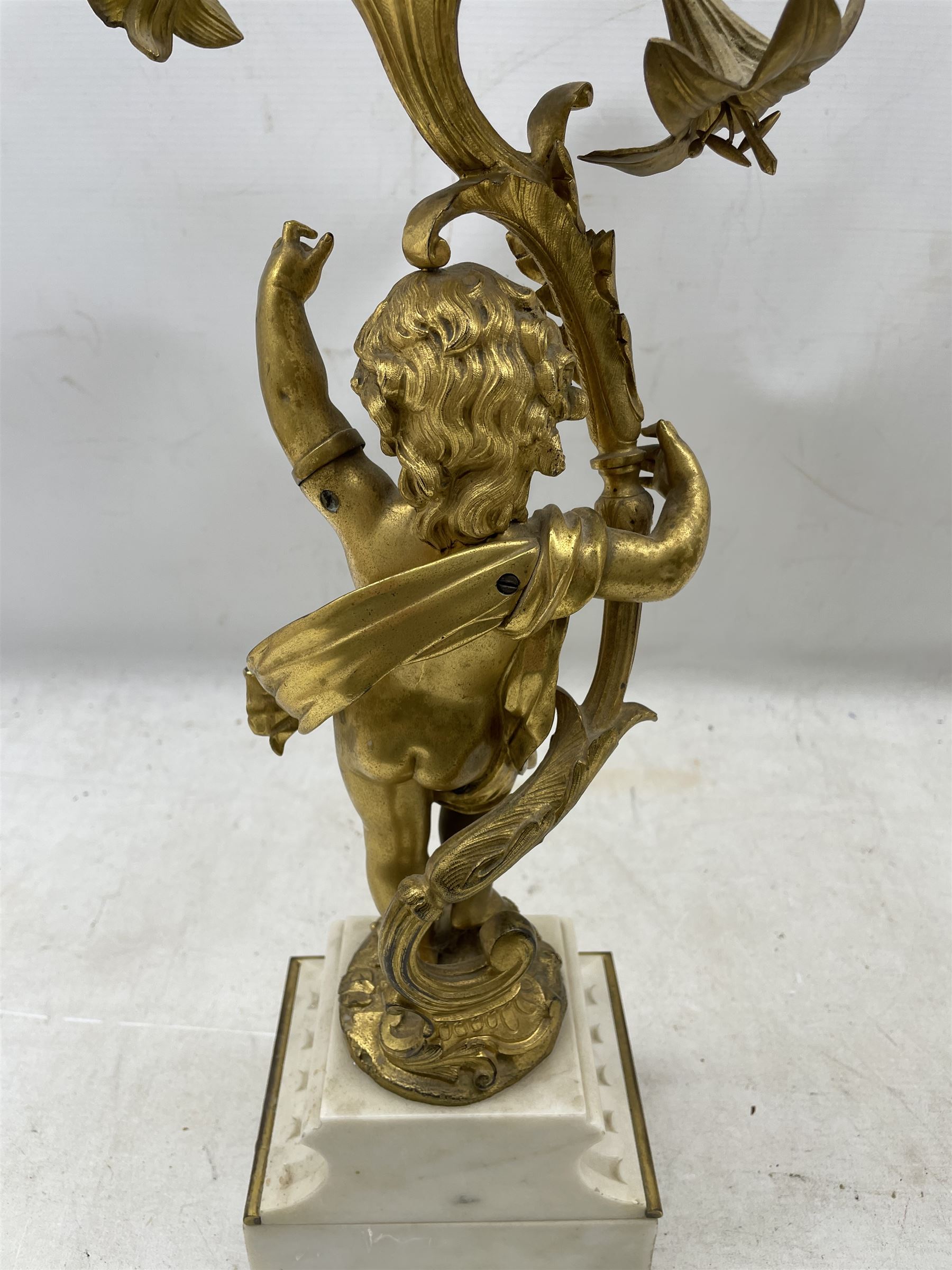 Pair of 19th century French ormolu candelabra in Louis XVI style each with five naturalistic scrolli - Image 8 of 9