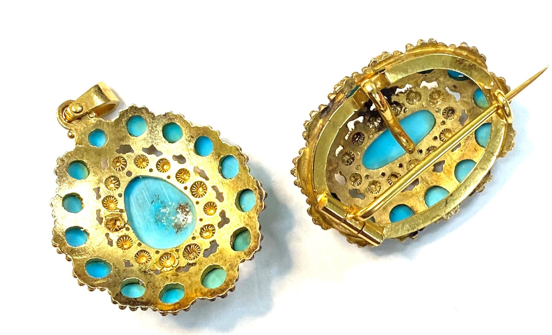 19th/early 20th gold turquoise pendant and matching brooch - Image 4 of 4